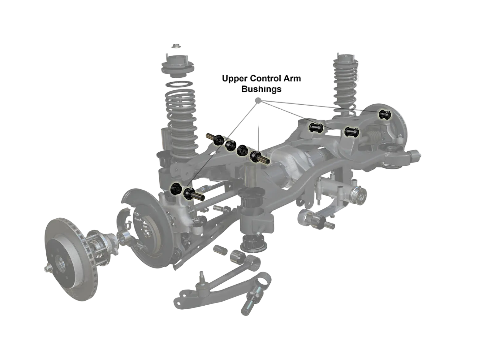 Diagram of a vehicle suspension system with labeled parts on a white background, featuring the Whiteline brand.