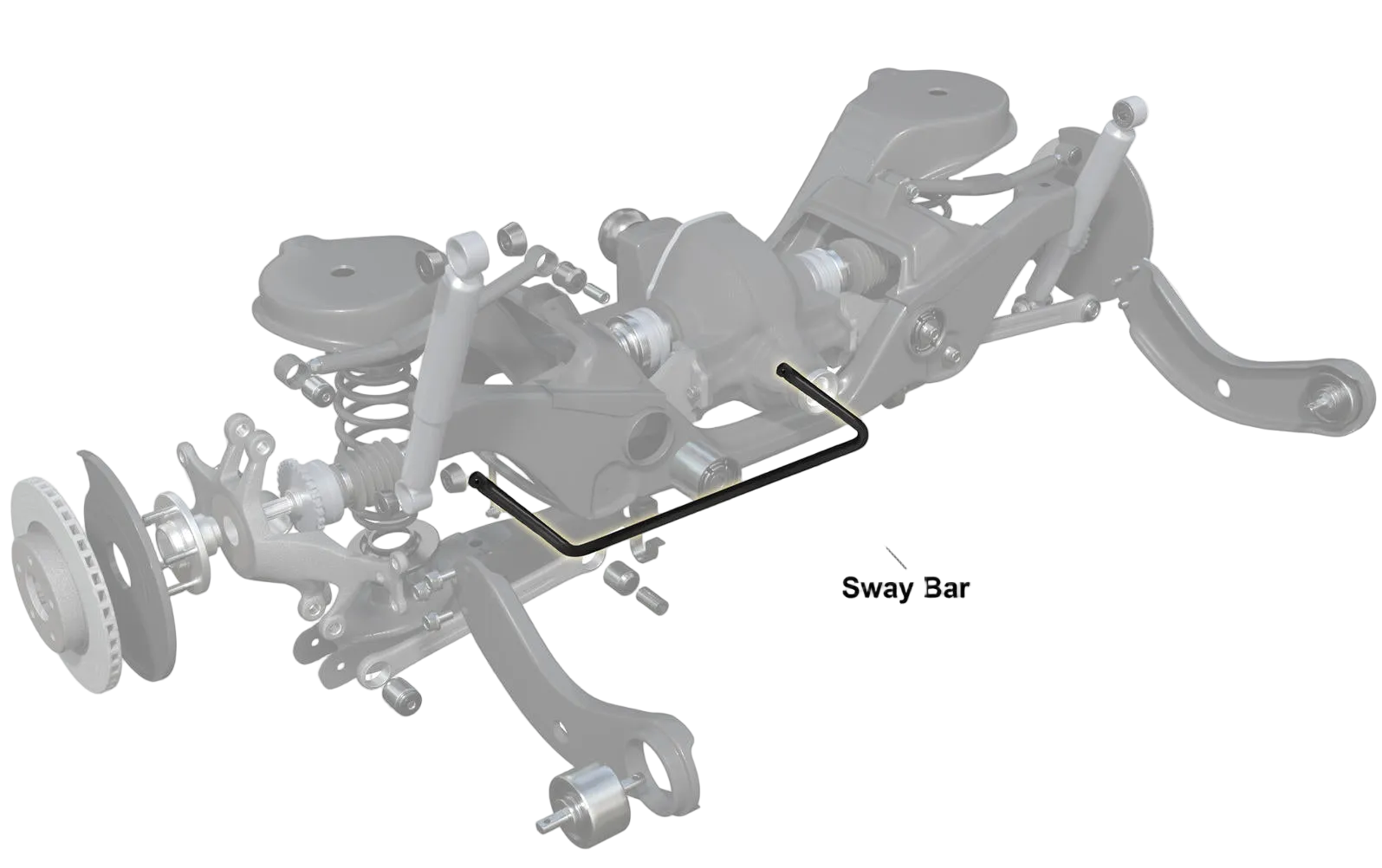 Diagram of a vehicle suspension system with a sway bar labeled, branded with Whiteline.