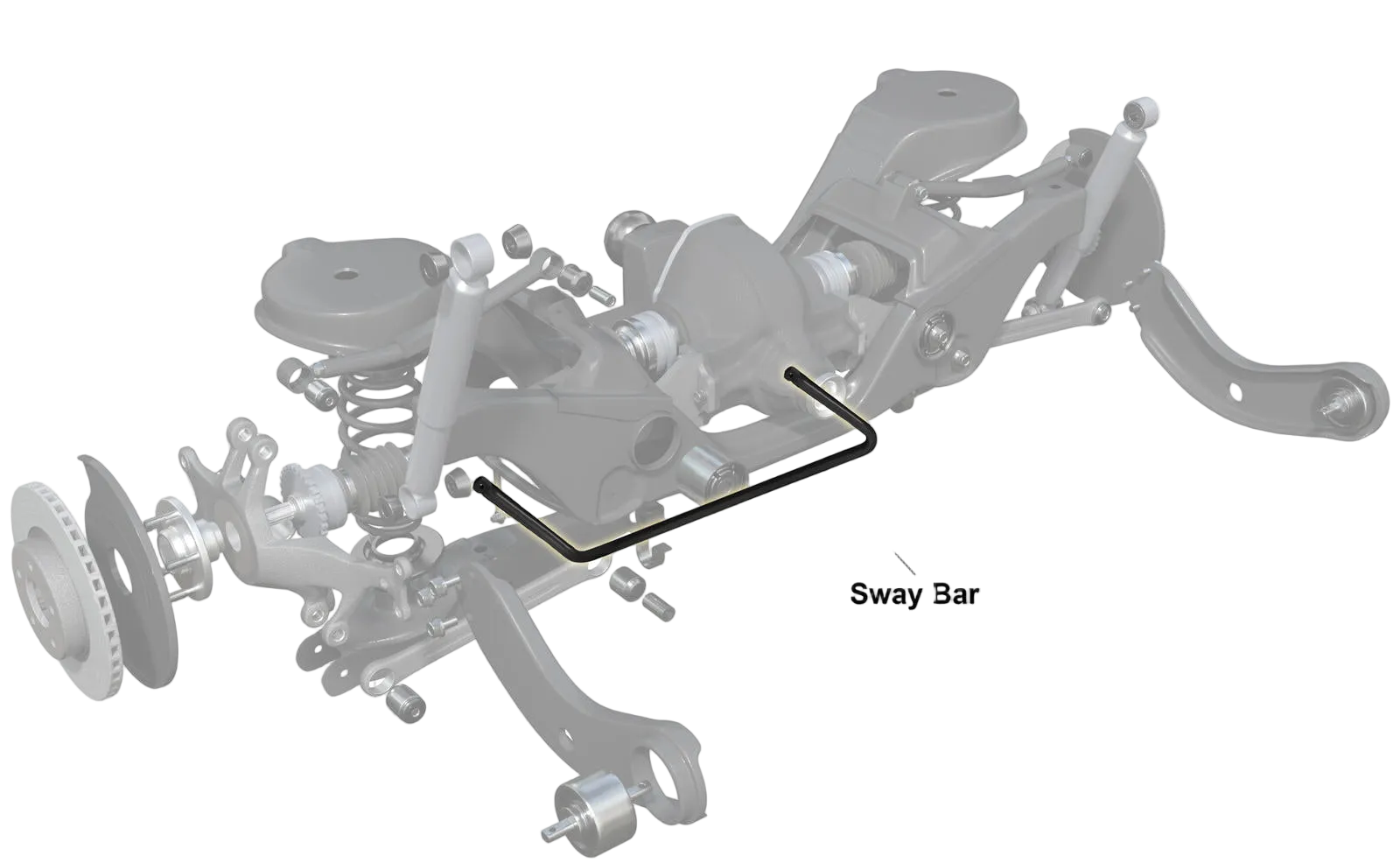 Diagram of a vehicle suspension system with a sway bar labeled, branded with Whiteline.