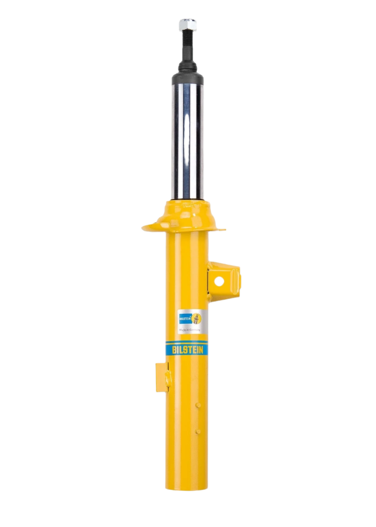 Yellow shock absorber with Bilstein branding on a white background