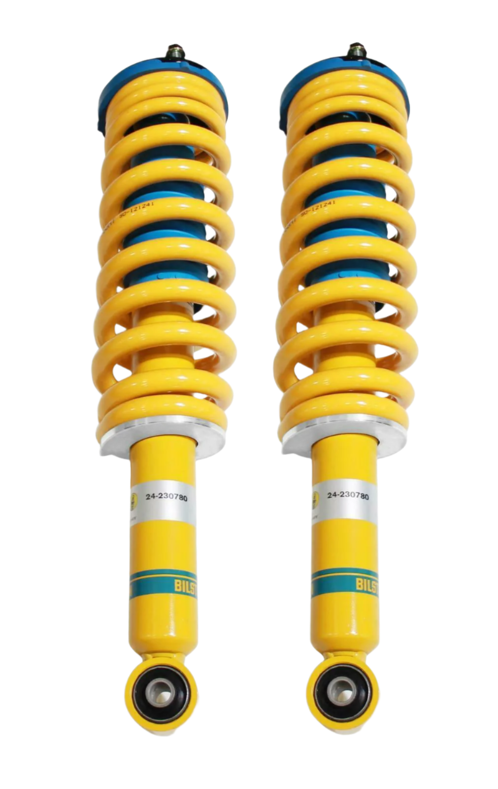 A pair of Bilstein front ready struts for a vehicle, featuring yellow springs and blue shock absorbers.