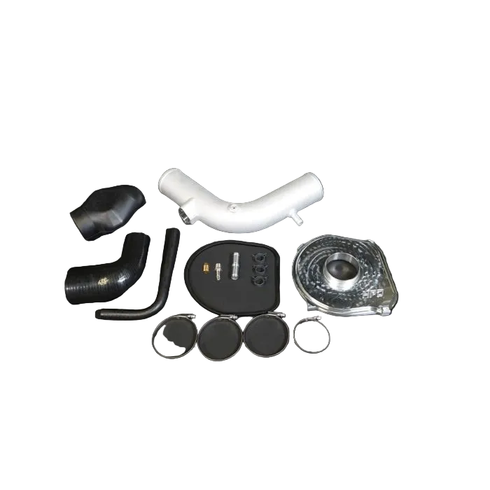 Collection of automotive parts including hoses and connectors on a black background