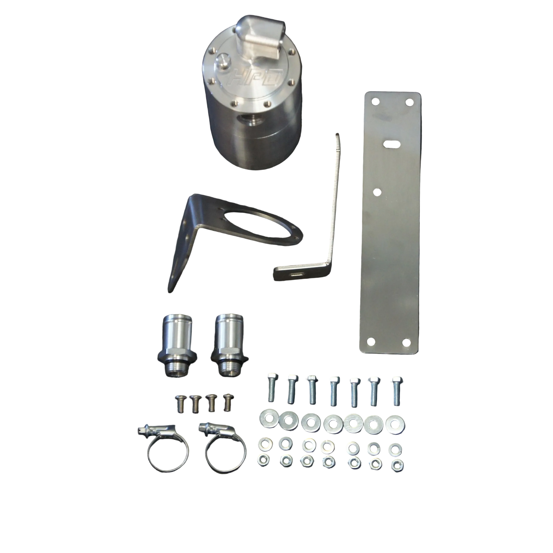 Collection of metal components and hardware on a black background