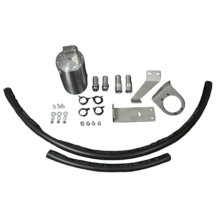 Collection of automotive parts including pipes, brackets, and connectors on a dark background