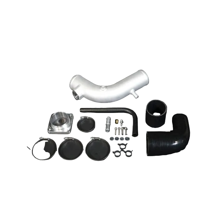 Automotive parts including pipes and connectors on a black background