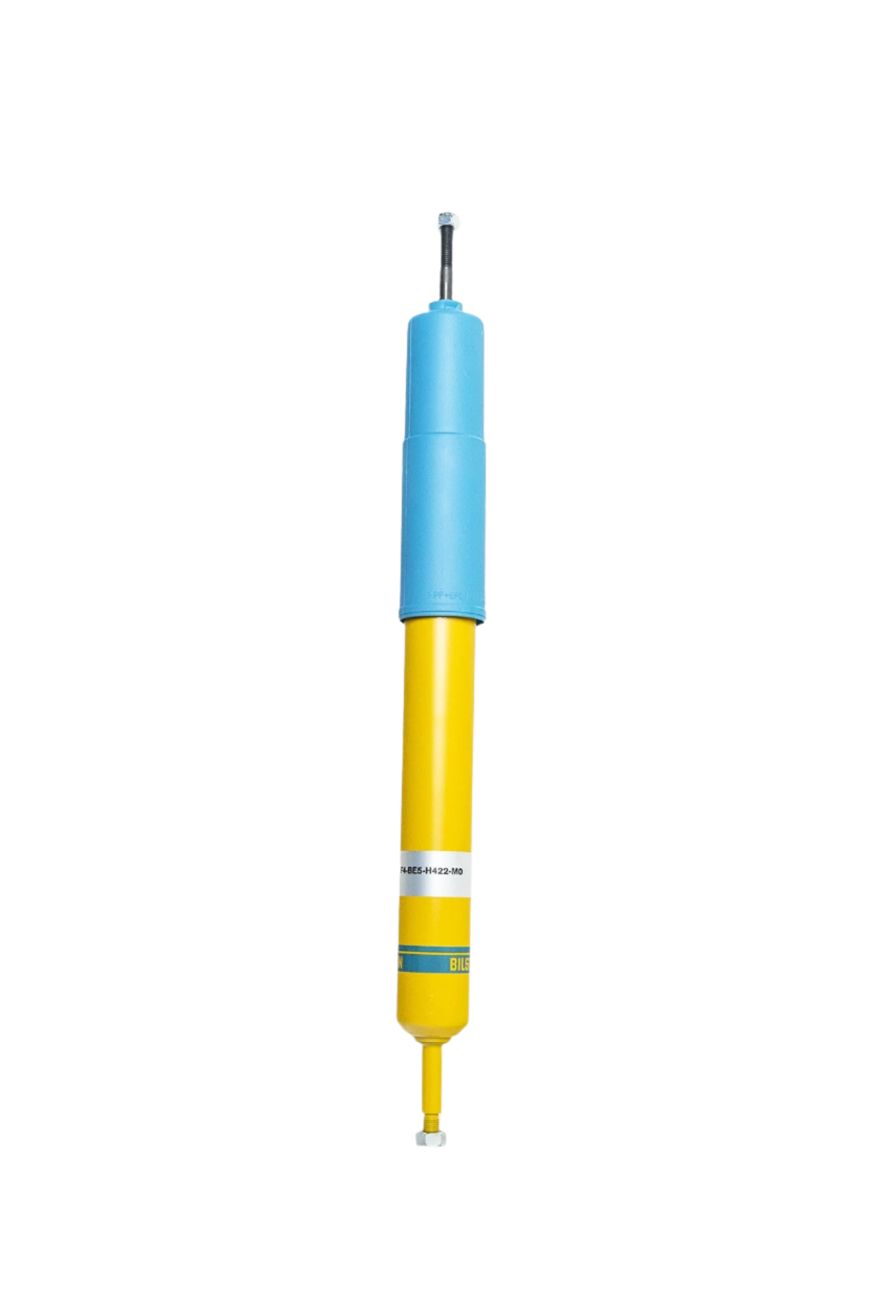 Bilstein B6 front shock absorber for Toyota Land Cruiser 76 78 79 series (1999-on), showing a yellow and blue shock absorber with metal components.