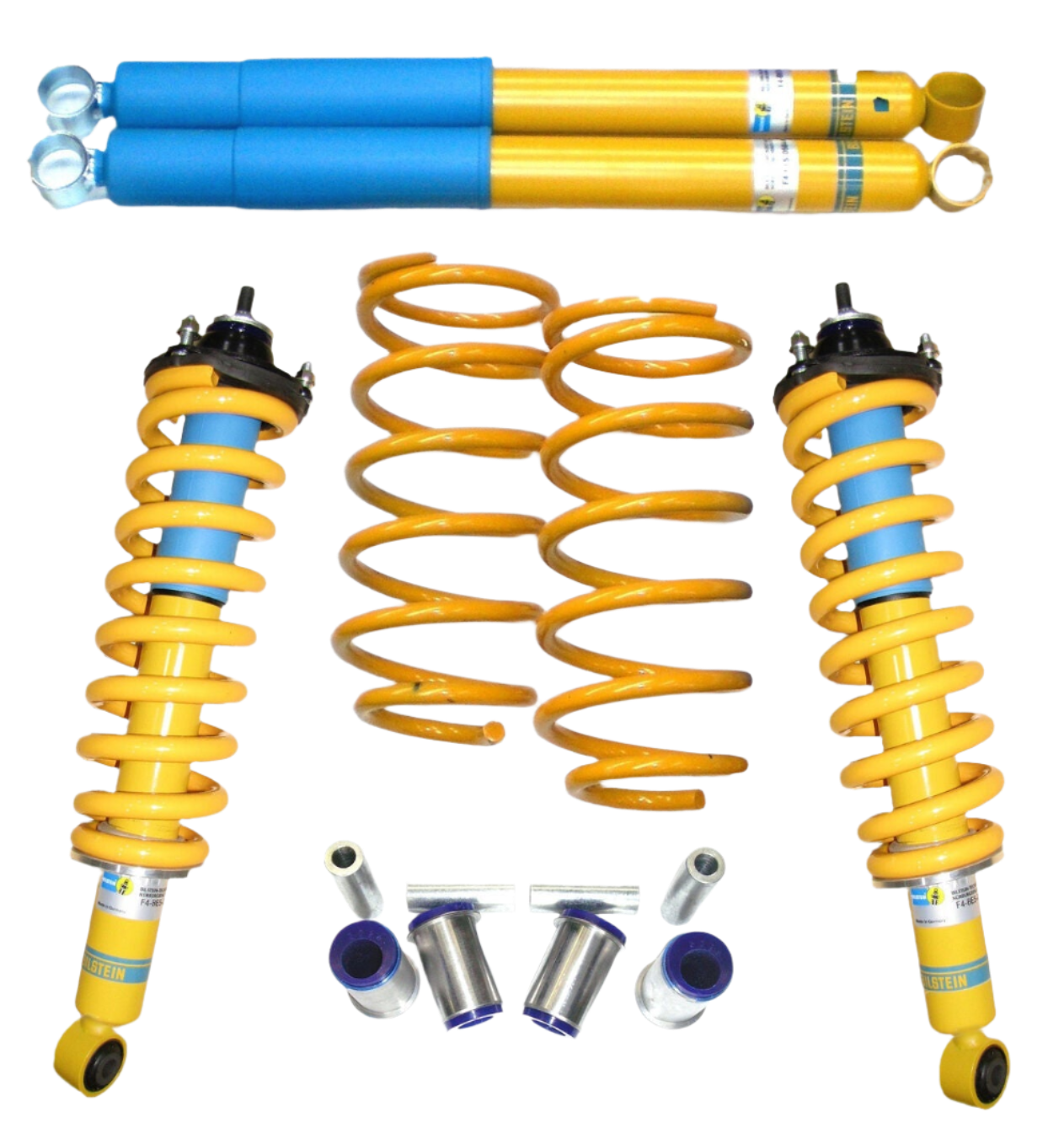 Set of yellow and blue shock absorbers and springs on a white background