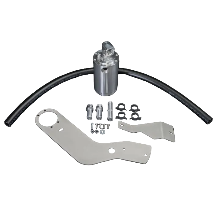 Mechanical parts including a metal bracket, cylindrical component, and hoses on a black background