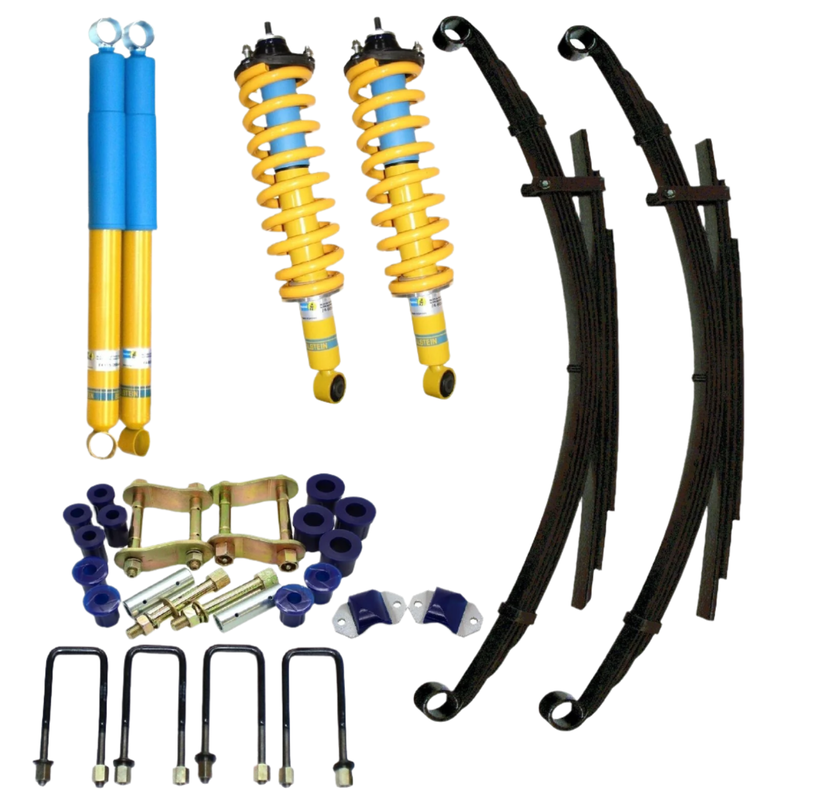 A collection of Mitsubishi Triton ML MN suspension lift kit parts including shocks, springs, metal brackets, and other installation components.
