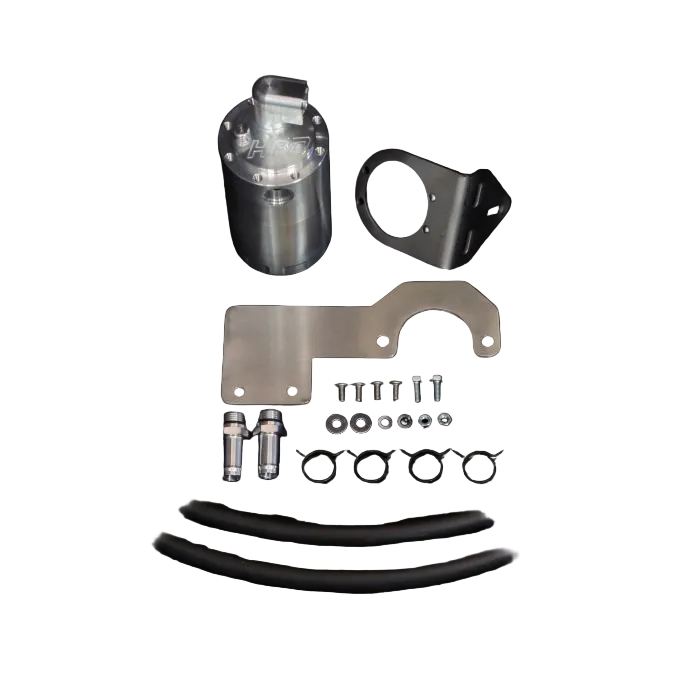 Mechanical parts including a cylindrical component, bracket, and various bolts on a black background