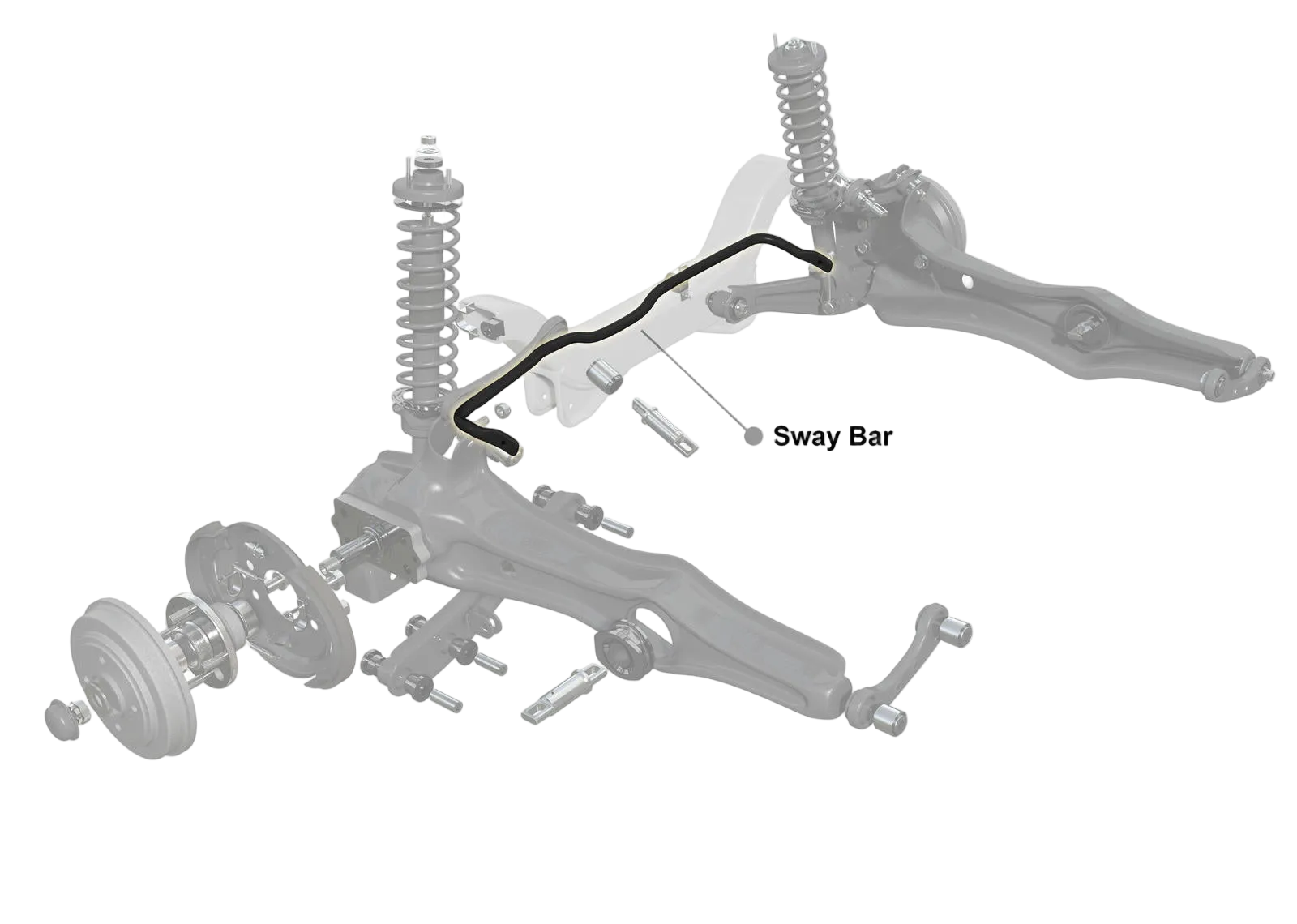Diagram of a vehicle suspension system with a sway bar labeled, branded with Whiteline.