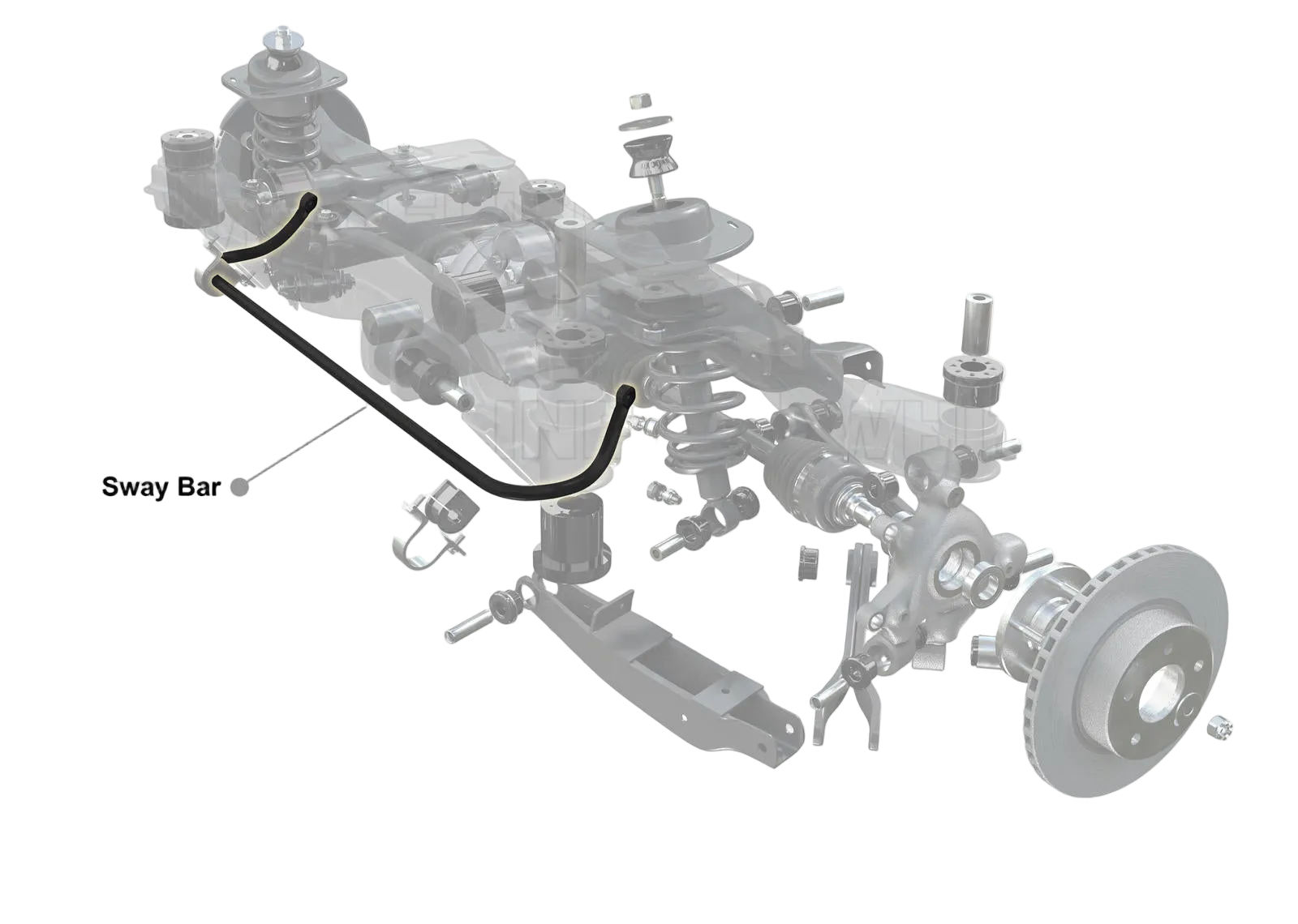 Diagram of a vehicle suspension system with a sway bar, labeled 'Rear View', on a white background with Whiteline branding.