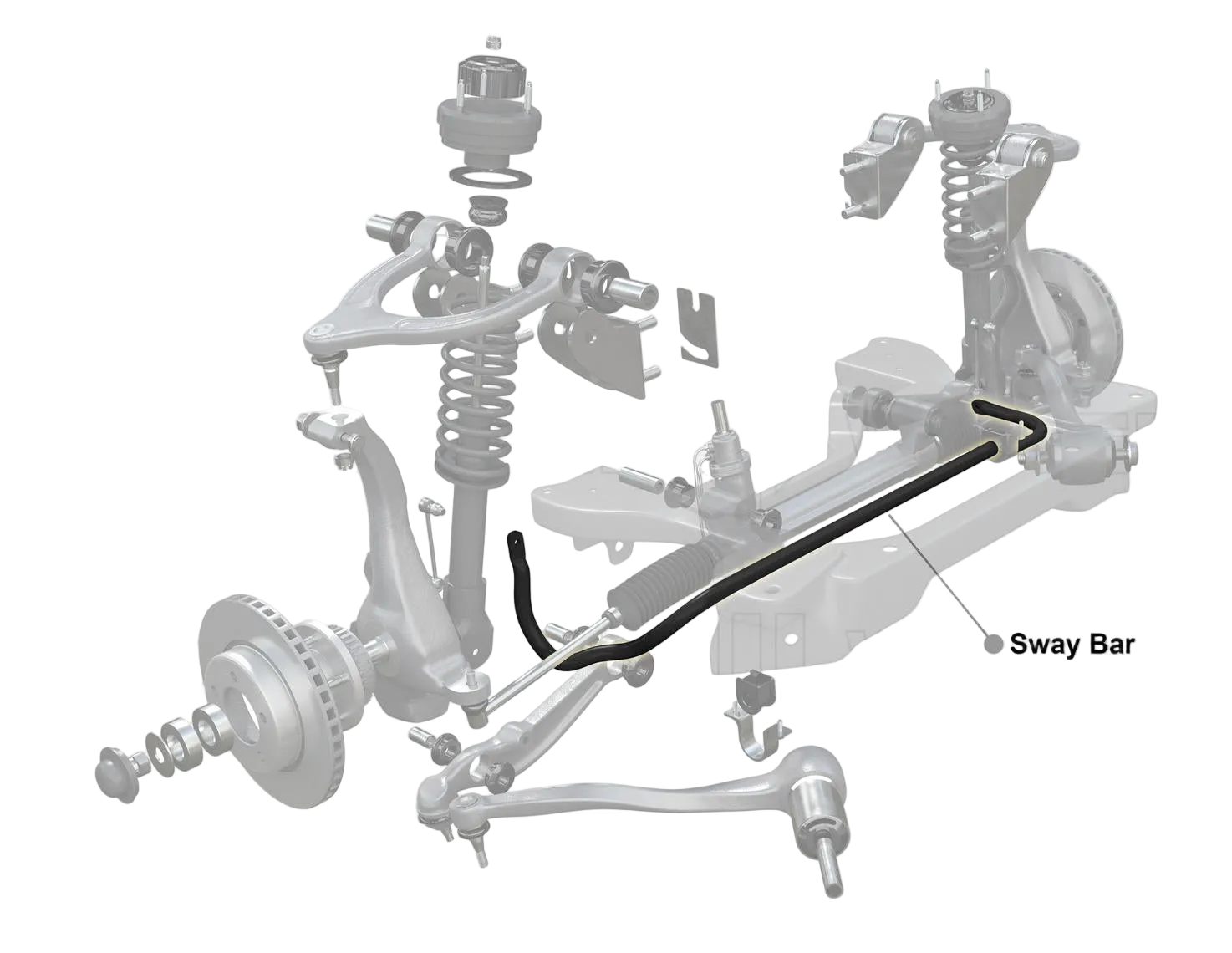 Diagram of a vehicle suspension system with a sway bar labeled, featuring Whiteline branding.