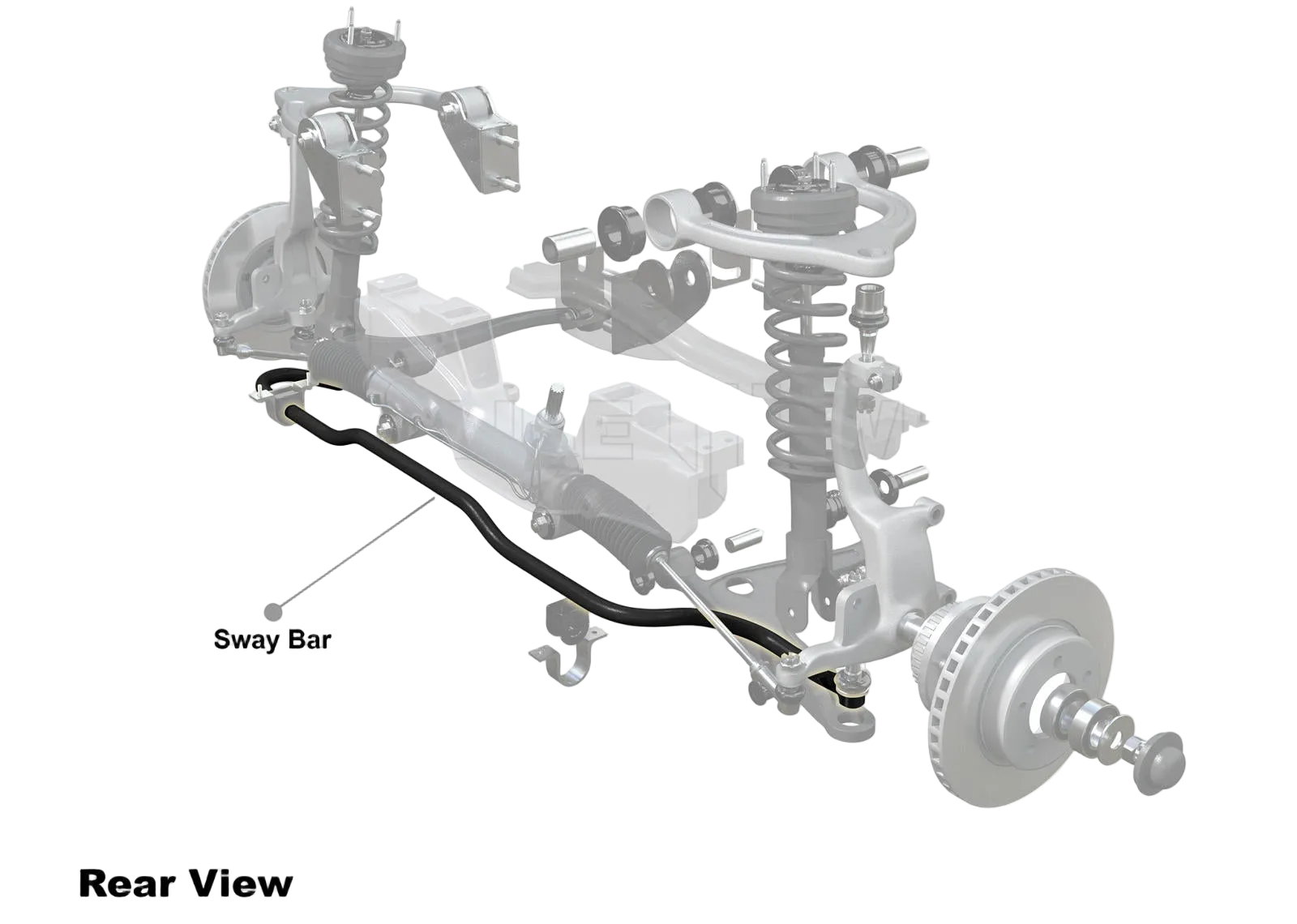 Diagram of a car suspension system with Whiteline branding on a white background