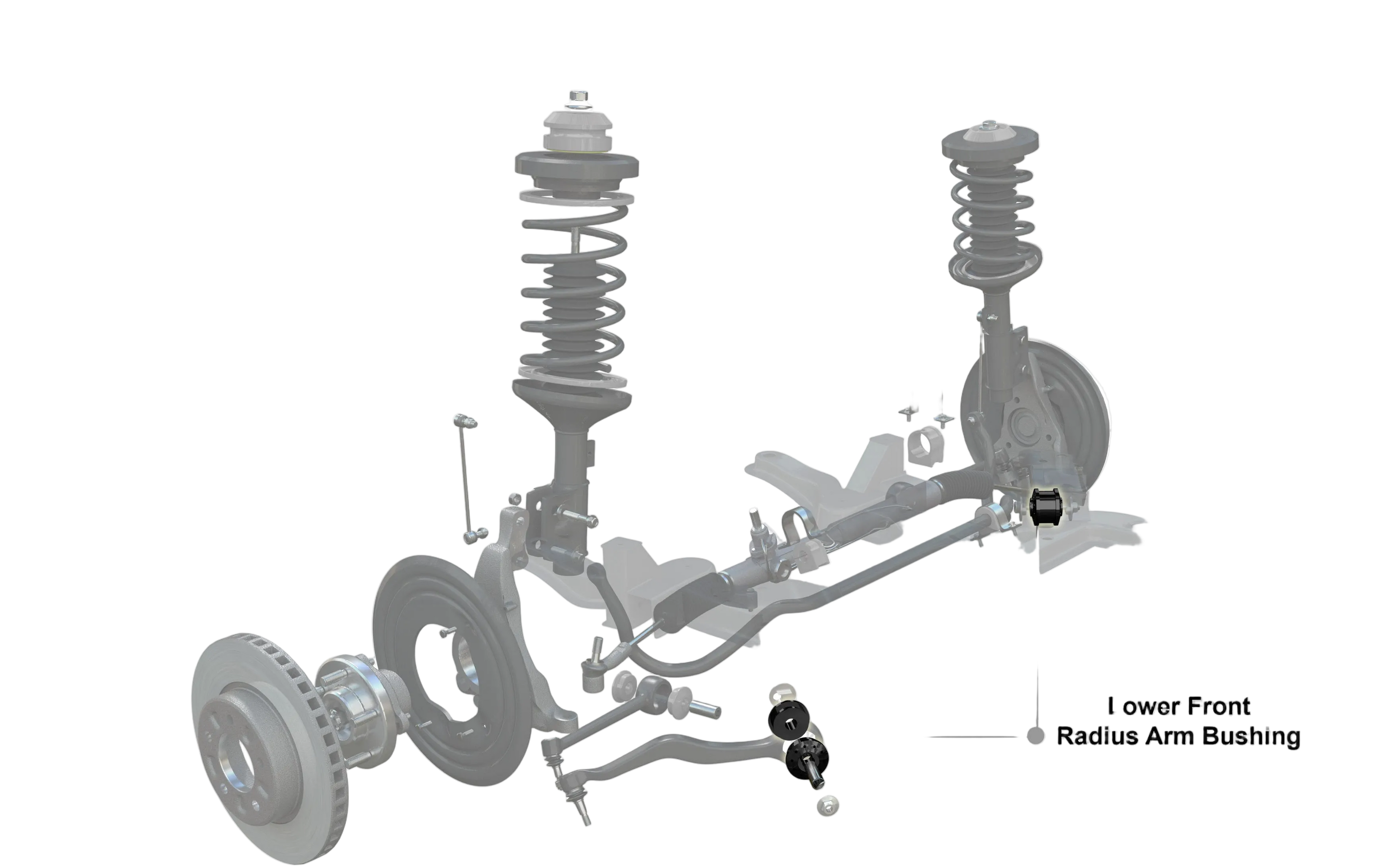 Diagram of a car suspension system with Whiteline branding on a white background