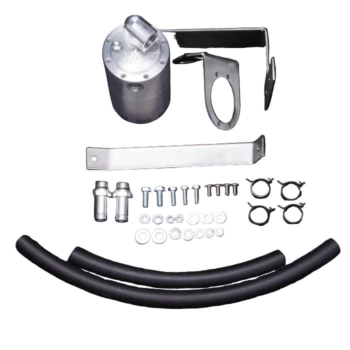 Collection of automotive parts including a silver canister, metal bracket, and various small components on a black background.