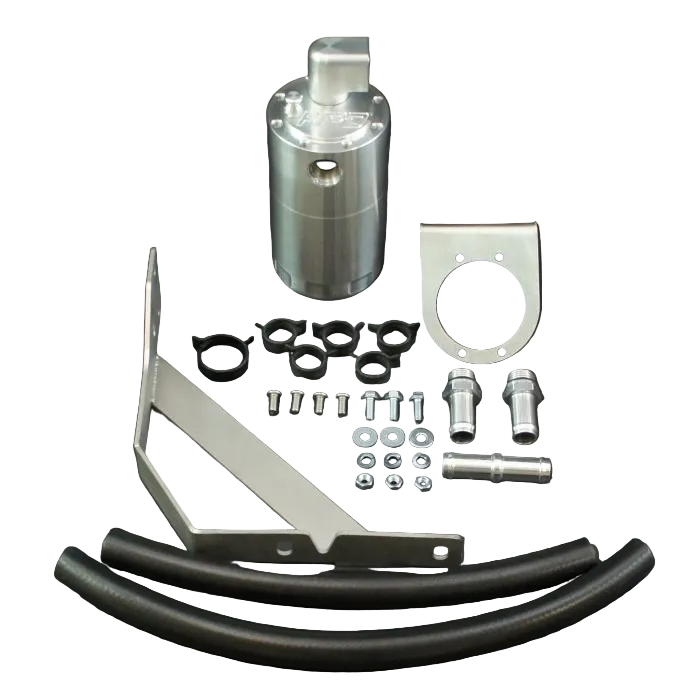 Collection of mechanical parts including a cylindrical metal component, brackets, and hoses on a black background.