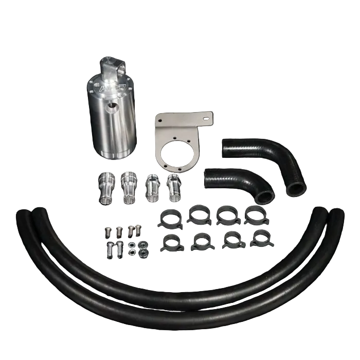 Automotive parts including pipes, clamps, and connectors on a black background