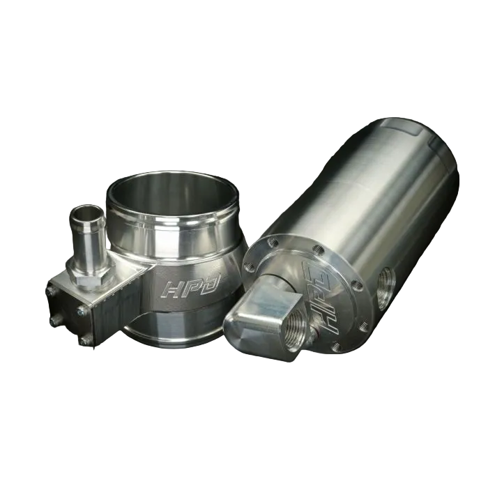 Metal automotive parts with 'HPI' branding on a black background