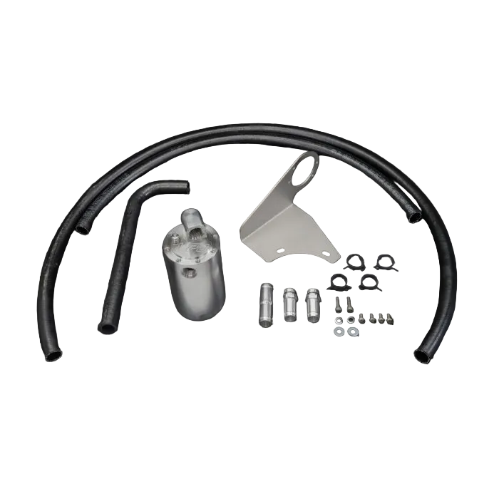 Mechanical parts kit including metal brackets and pipes on a black background